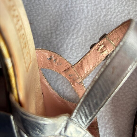 Vintage Silver Chunky Heel Peep Toe Heels Pumps - Picture 3 of 12